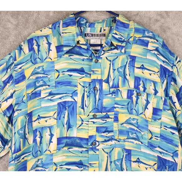 Un Tied Shirt Mens Large Blue Sword Fish Hawaiian Casual Button Up Short Sleeve - Picture 6 of 10